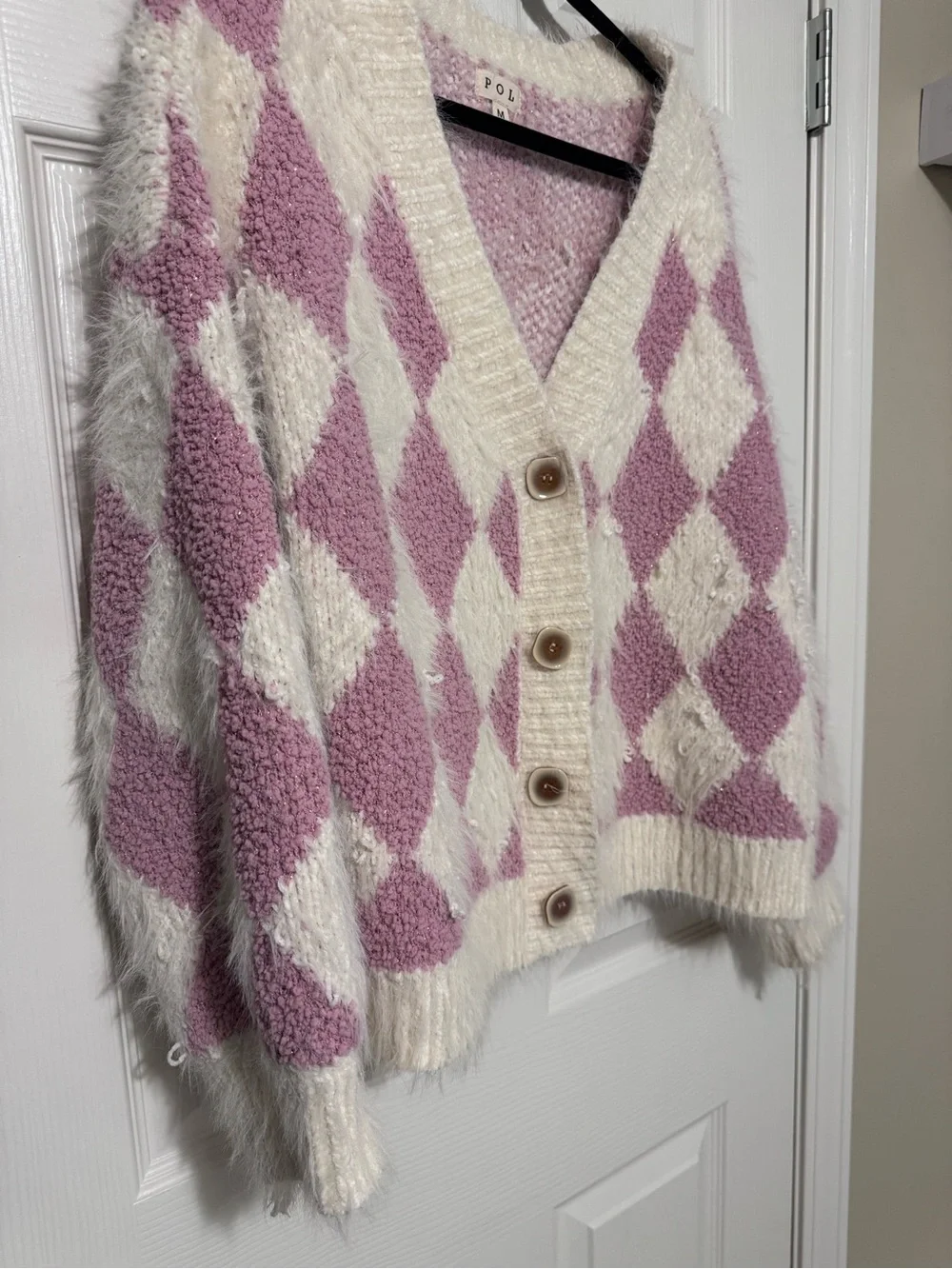 POL Pink and Cream Argyle Fuzzy Button-Front Cardigan oversized